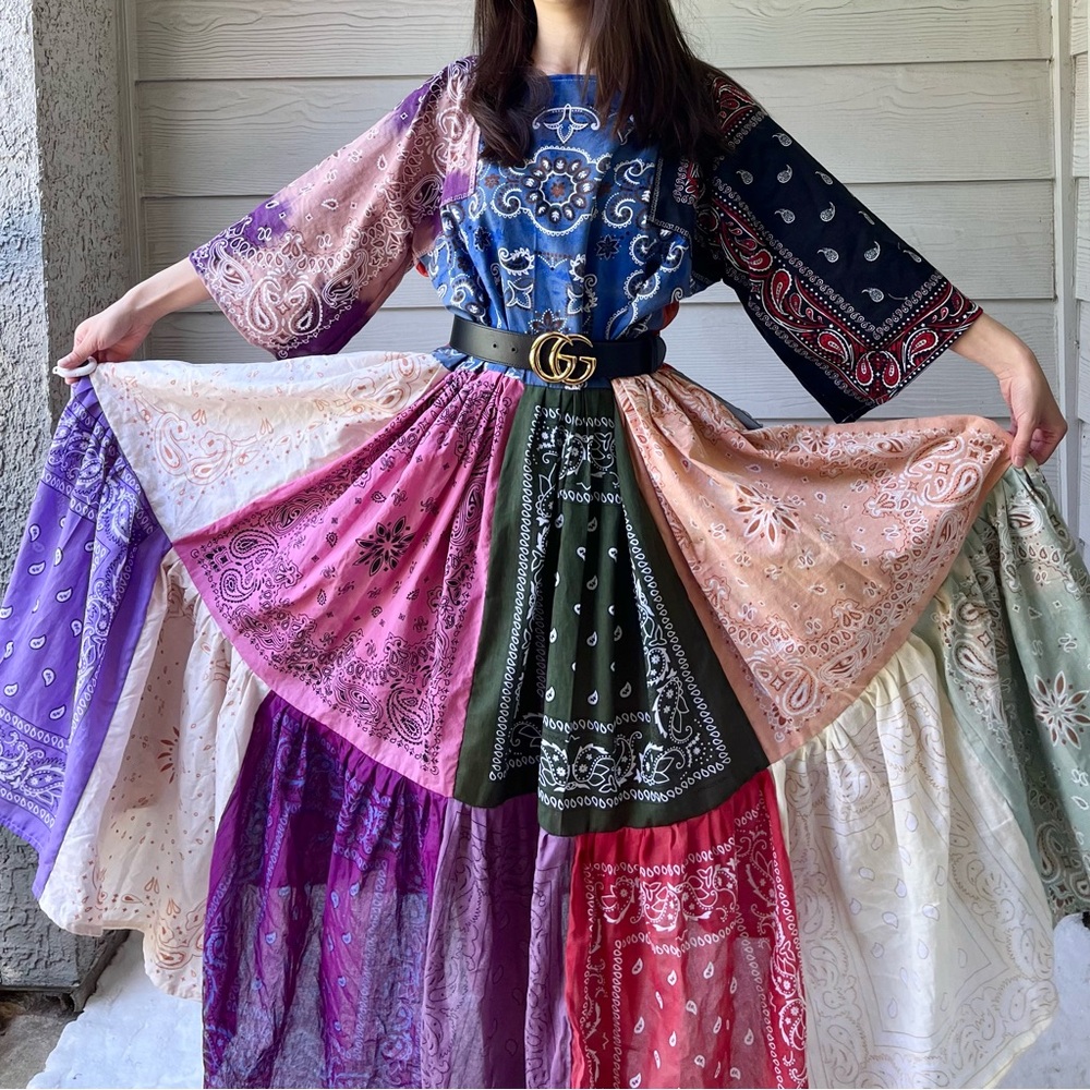 Handmade Earthy Voluminous Maxi Bandana Dress SKU 04024 Red+Blue